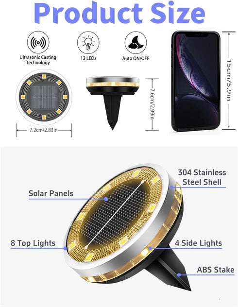 2 Pack 4 Solar Ground Lights Outdoor Waterproof, Upgraded Solar Garden Lights with Side Light, Stainless Steel Solar