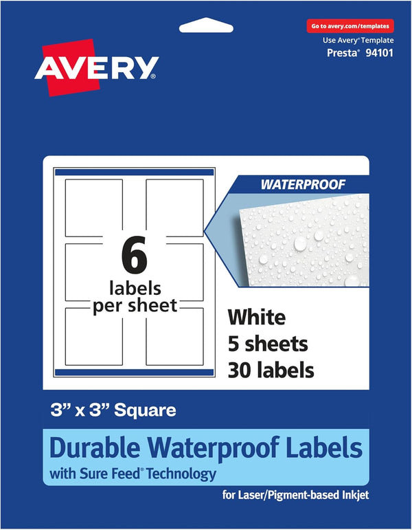 Avery Durable Waterproof Square Labels, 3" x 3", 30 Total, Oil and Tear-Resistant, Laser/Pigment-Based