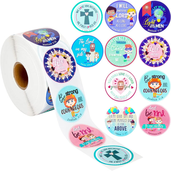 Juvale Bible Verse Sticker Roll, 1.5 in Multicolor Round Christian Stickers for Kids, 1000 Scripture Decals