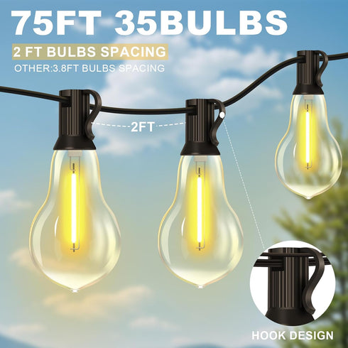 75FT 35+3 Bulbs, 2FT Bulbs Dimmable Commercial Outdoor String Lights with Waterproof Apart, & Connectbale, Grade Patio