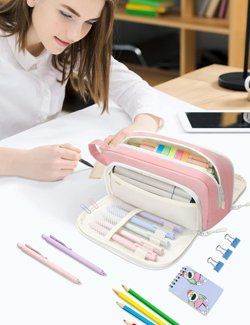 SUNEE Cute Pencil Case - Aesthetic Pen Pouch with 3 Compartments, Kawaii Colored Large Pencil Bag with Zipper, Pink
