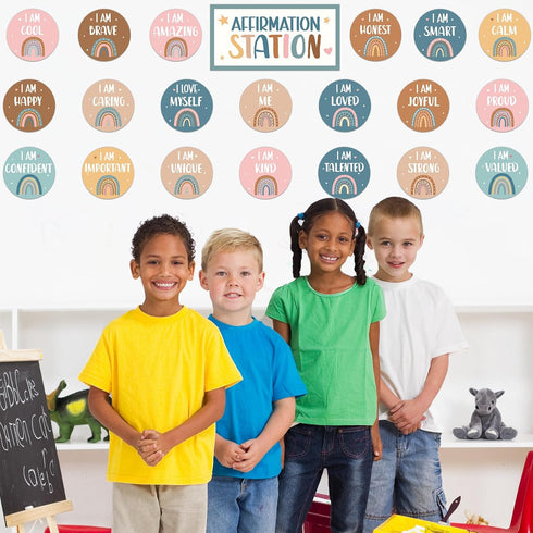 BOHO Affirmation Station Bulletin Board Set with Rainbow Positive Cutouts for Classroom, Inspirational Growth Mindset