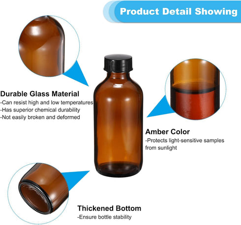 PATIKIL 4oz (120ml) Glass Sample Bottles, 4Pcs Round Dispensing Bottles with Black Poly Cone Cap, Funnel, Dropper, Amber