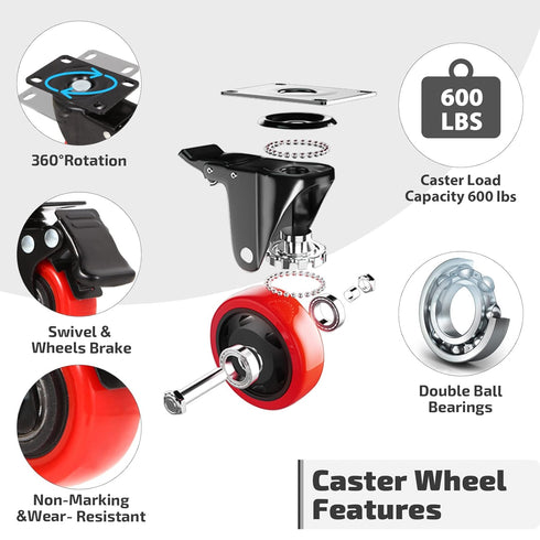 Nefish 2 Inch Casters Set of 4, Heavy Duty Top Plate Caster Wheels with Brake, 360 Degree Swivel