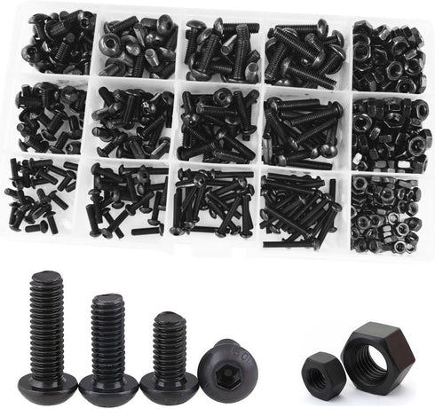 Hex Button Socket Head Cap Screws, Metric Thread Hexagon Allen Head Drive Machine Bolts, 431Pcs Black 10.9