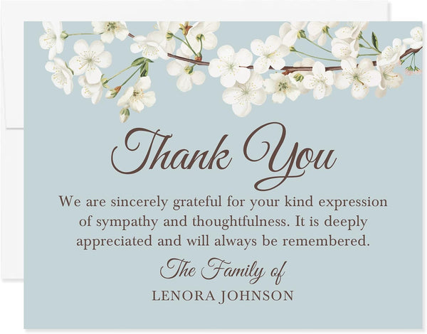 White Floral Cherry Blossom Sympathy Thank You Cards, Funeral Thank You Cards,