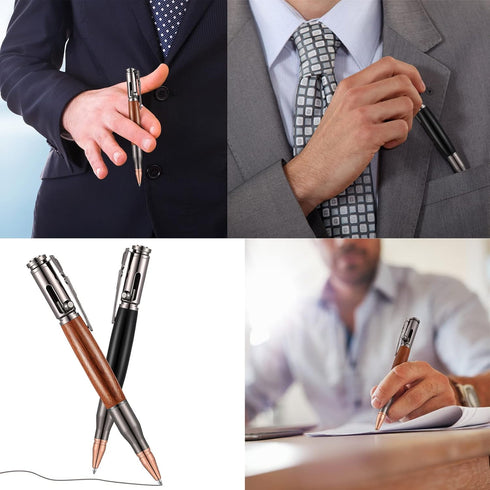 Chinco 2 Pieces Bolt Action Wood Ballpoint Pens, Solid Brass Bullet Shaped Pen with 2 Refills, Black Ink (Black, Brown)