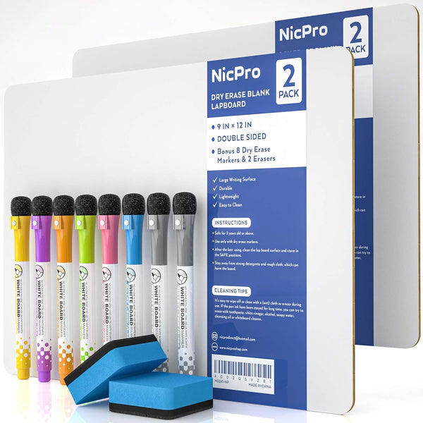 Nicpro Dry Erase Lap Board, 9 x 12 inches, 2 Pack Kid Double Sided Blank Lapboard with 8 Pens, 2 Erasers for Classroom