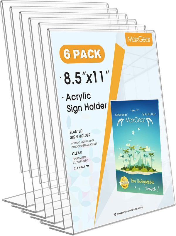 MaxGear 6Pack Acrylic Sign Holder 8.5 X 11, Plastic Sign Holder with Vertical Slanted Back, Clear Picture Photo Frames