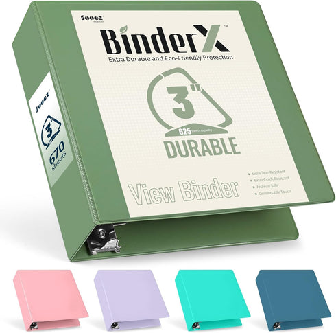 Sooez BinderX 3 Inch 3 Ring Binder, D-Ring Large Binder, Holds 300 Sheets, Customizable Clear View Cover