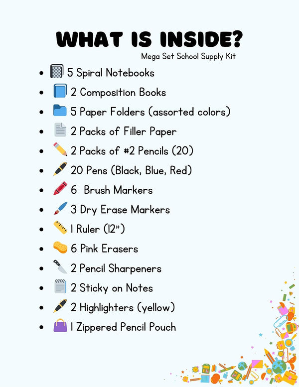 Set 70 Mega Essential Supplies for Students - School Supply Kit for Kids & Teens Includes Notebooks, Pens, Pencils