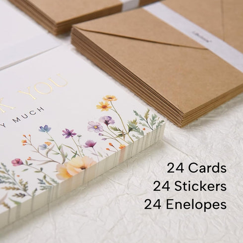 Liheheca 24 Pack 4x6 Inch, Set Wildflower Thank You Cards with Envelopes, bulk, Wax Seal Stickers, Flower Greeting