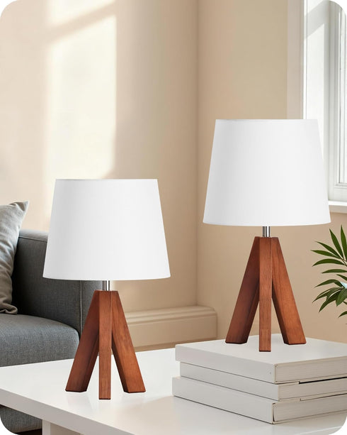 Set 2, LW51TLP205 Small Tripod Table Lamps of Modern Nightstand Lamp with Fabric Shade, Boho Bedside Wood Desk Light