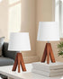 Set 2, LW51TLP205 Small Tripod Table Lamps of Modern Nightstand Lamp with Fabric Shade, Boho Bedside Wood Desk Light