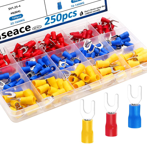 smseace 250Pcs #8(M4) Fork Spade Connectors, 22-16/16-14/12-10AWG Insulated Crimp Terminal Connectors