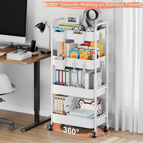 Aofure 4 Tier Rolling Cart Metal with Wheels, White Four Tiered Rolling Storage Cart on Wheels, Utility Roller Carts
