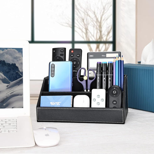 KINGFOM Pu Leather Desk Organizer with 5 Compartments for Office Supplies, Black