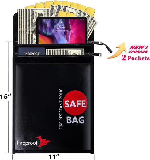 Upgraded Fireproof Document Bag with 2 Pockets (2000 ) 15 x 11 Inches Silicone Coated Fireproof and Waterproof Money