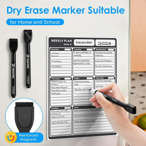 6 Count maxtek Magnetic Black Dry Erase Markers, Fine Tip Whiteboard Markers with Eraser, Thin Markers Low Odor