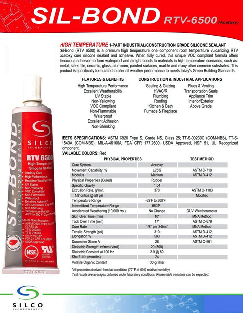 Sil-Bond RTV 6500 High Temperature Silicone, Industrial Grade, Red (2.8oz)