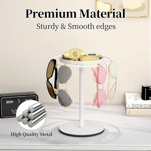 LSK Metal Sunglasses Organizer, Glasses Holder Stand with Storage Tray, Anti-Slip Pads for Tabletop, Desk, Dresser