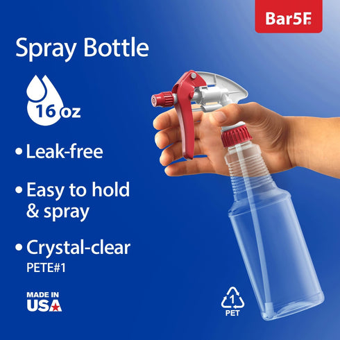 Bar5F 16-Ounce 2-Pack Empty Plastic Spray Bottles BPA-Free Food Grade Crystal Clear M-Series Fully Adjustable Sprayer