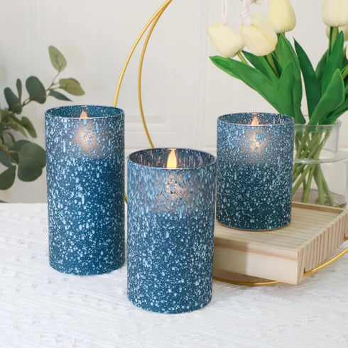 Set 3 Blue Flameless Candles with Remote and Timer, Real Wax Battery Operated Candles with Flickering Flame, Glass LED
