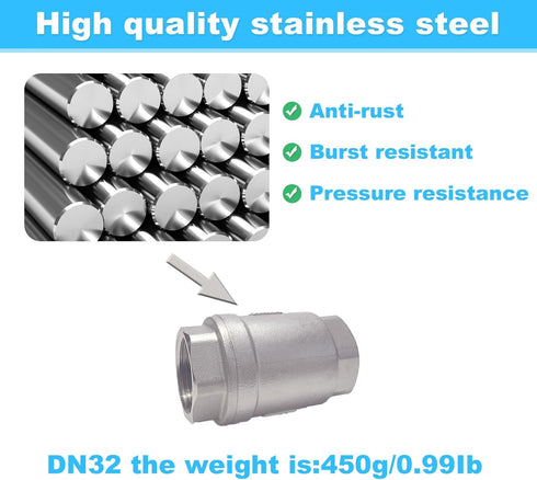 1-1/4” Stainless Steel Vertical Check Valve DN32, NPT Female Threaded for Oil-Water Backflow Prevention