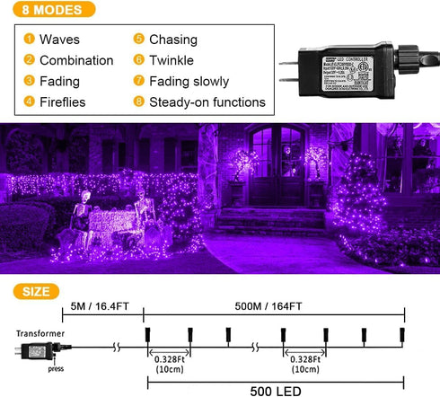 weillsnow 164FT 500 8 164FT) LED Purple Christmas Lights, Modes Waterproof Plug in String Lights for Halloween
