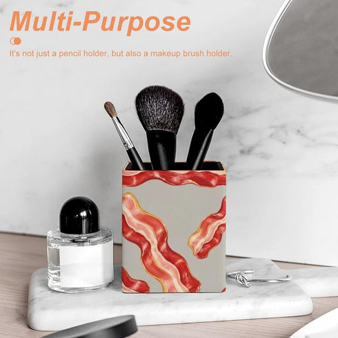 Meaudiwes Leather Pen Holder Stand Square Pencil Cup Desktop Stationery Organizer Food Bacon
