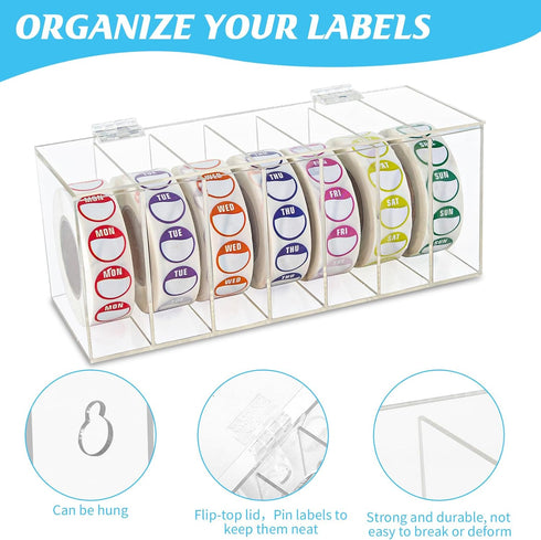 Acrylic Day of The Week Label Dispenser - 7-Slot Wall Mount Sticker Roll Dispenser for 1", 3/4" Labels