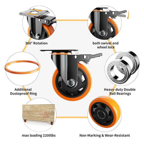 3 Inch Caster Wheels Set of 4 Heavy Duty Locking Industrial Swivel Top Plate Casters for Furniture