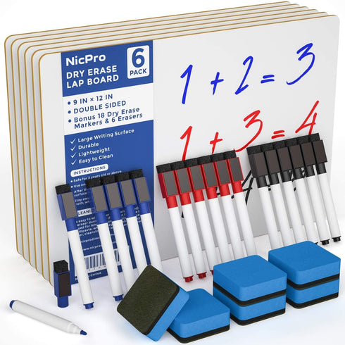 Nicpro 6 Pack Dry Erase Lap Board, Kid Double Sided Small Whiteboard 9 x 12 inches with 18 Pens, 6 Erasers for