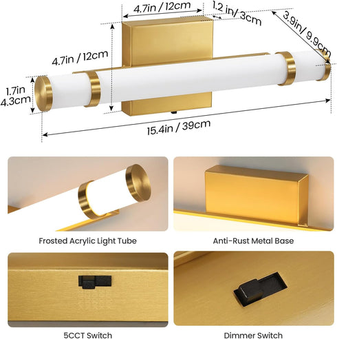 15.4 Inch 10W Dimmable 5CCT Dimmer) Gold Bathroom Vanity Light - LED Modern Bathroom Light Fixtures Over Mirror