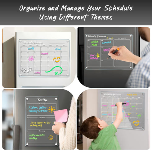 DIYMAG 3Pcs Acrylic Magnetic Dry Erase Calendar for Fridge, Clear Planning Board Set with 6 Highlight Markers, Weekly