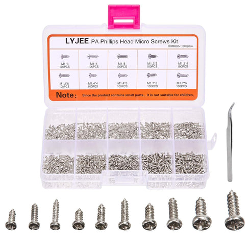 1000Pcs Mini Screw Kit, M1 M1.2 M1.4 M1.7 Phillips Pan Head Micro Screws, Self-Tapping, Nickel-Plated
