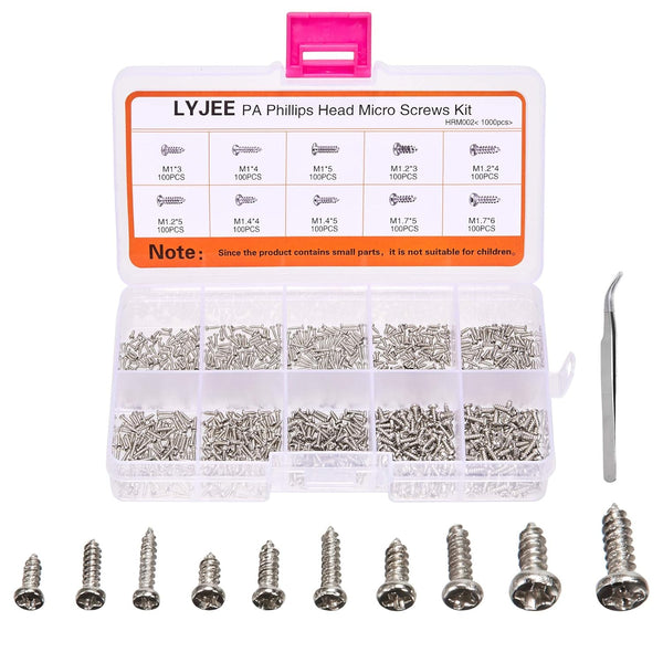 1000Pcs Mini Screw Kit, M1 M1.2 M1.4 M1.7 Phillips Pan Head Micro Screws, Self-Tapping, Nickel-Plated
