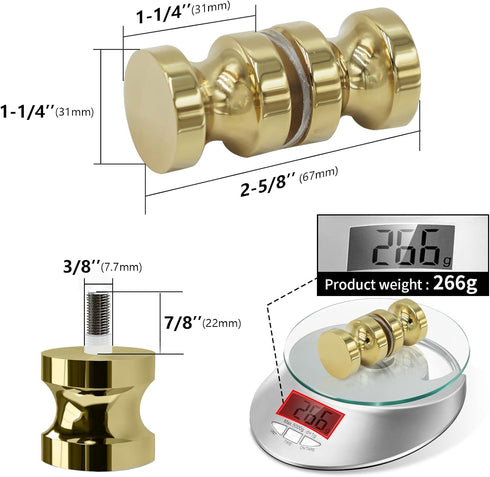 CKB Double Sided Shower Glass Door Knob, Polished Gold Finish with Solid 304 Stainless Steel Door Handle Pull for Bathroom. Compatible with 5/16" to 1/2" Glass Door. by CKB