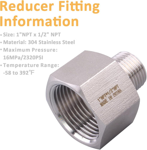 Forged Reducer Adapter Fitting, Stainless Steel 304 Reducing Pipe Connector, 1" NPT Female x 1/2" NPT Male, Pack of 5