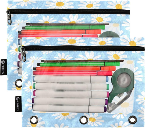 Blue Cute Daisy Binder Pencil Pouch 3 Ring,Zipper Pencil Case with Clear Window Pencil Pouch 2 Pack for School Classroom Office Organizers