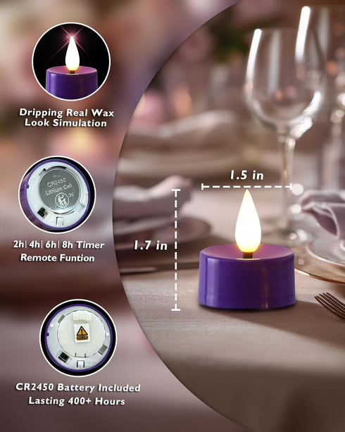 3D 300+Hour Set 24 Amagic Flameless Purple Timer Remote Tealights Candles, Black Wick Flickering Tea Light, Colored