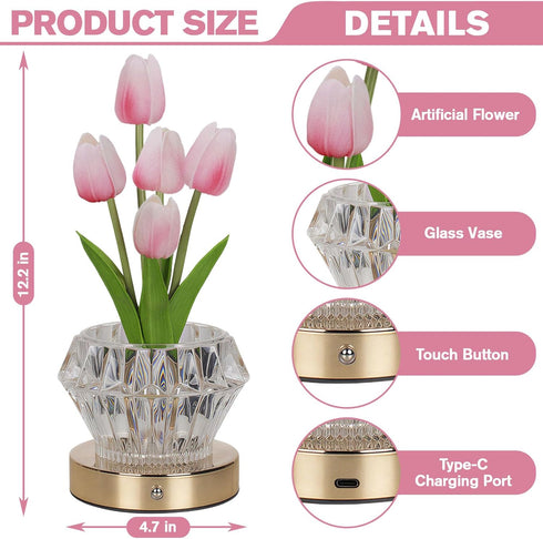 4 16 Tulip Table Lamp, Modes Color Changing Acrylic Crystal Night Light with Remote, Rechargeable Touch Artificial