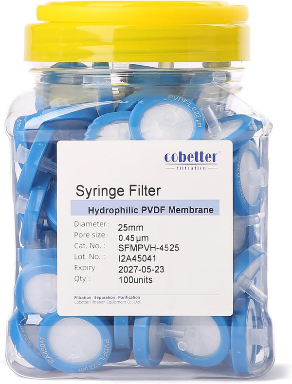 100 Pack PVDF Syringe Filters, 0.45µm Pore Size, 25mm Diameter, Hydrophilic, Non-sterile, Blue