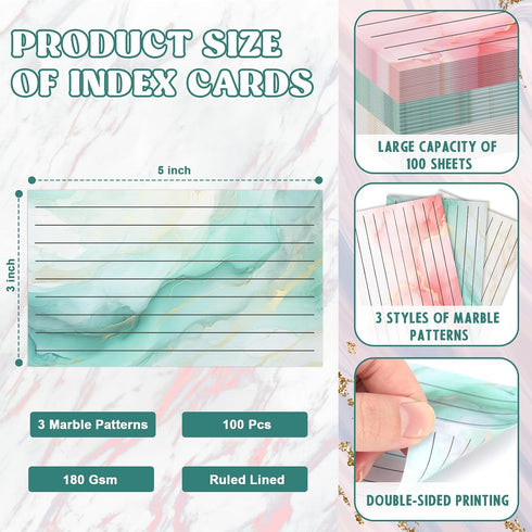 DOSTATNI 100 Pack 3x5 180 Colored Index Cards Marble Notecards Lined FlashCards for Studying Heavy Note Cards gsm Memo