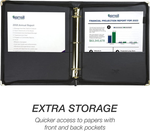 Samsill Classic Professional Binder, 3 Ring Binder with 1.5 Inch Brass Round Rings, Zipper Closure, Black