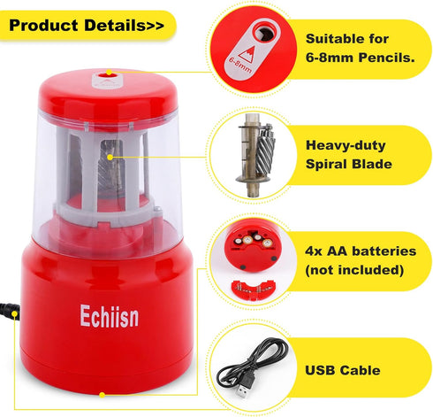 Office Personal Electric Pencil Sharpener, HHC Cutter Tech with Stronger Helical Blade, Best for School (Red)
