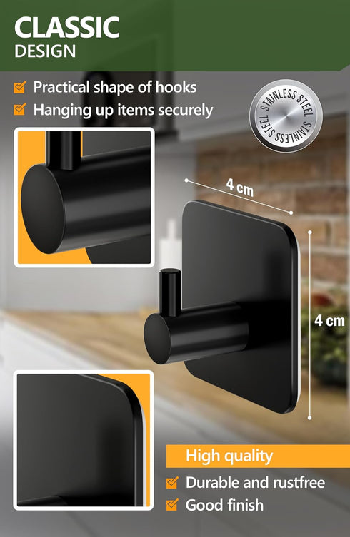Set of 6 Towel Hooks for Bathrooms, Black Adhesive Wall Hooks, Durable Strong Adhesive Towel Hooks