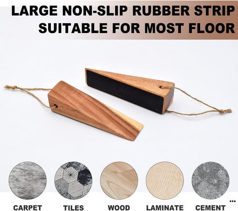Wooden Door Stoppers, Acacia Wood Wedges with Heavy Duty Non-Skid Rubber Base (2 Pack)