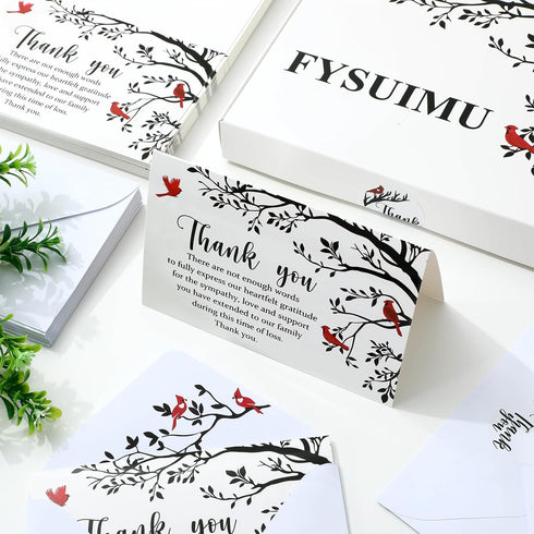 50Pcs FYSUIMU Funeral Thank You Card Cardinal Bird Branch Sympathy Boxed Thank You Card with Sticker Envelope