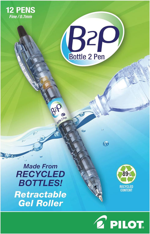 Pilot B2P Retractable Gel Pens, Fine Point 0.7 mm, 89% Recycled, Translucent Barrel, Pack of 12
